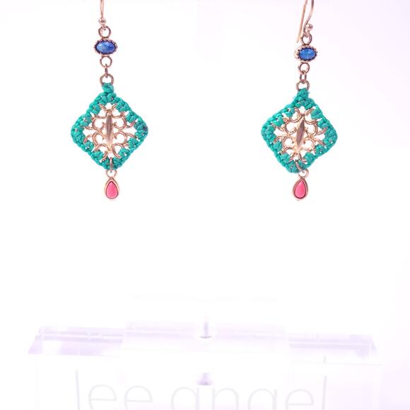 Neiman Marcus Majestic Cabochon Turq RED Green Woven Cabochon Earrings NWT 178 - Picture 2 of 6